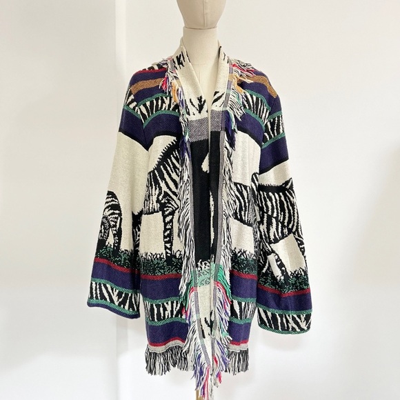 Vintage Jackets & Blazers - Vintage Goodwin Weavers Zebra Woven Tapestry Fringe Jacket
